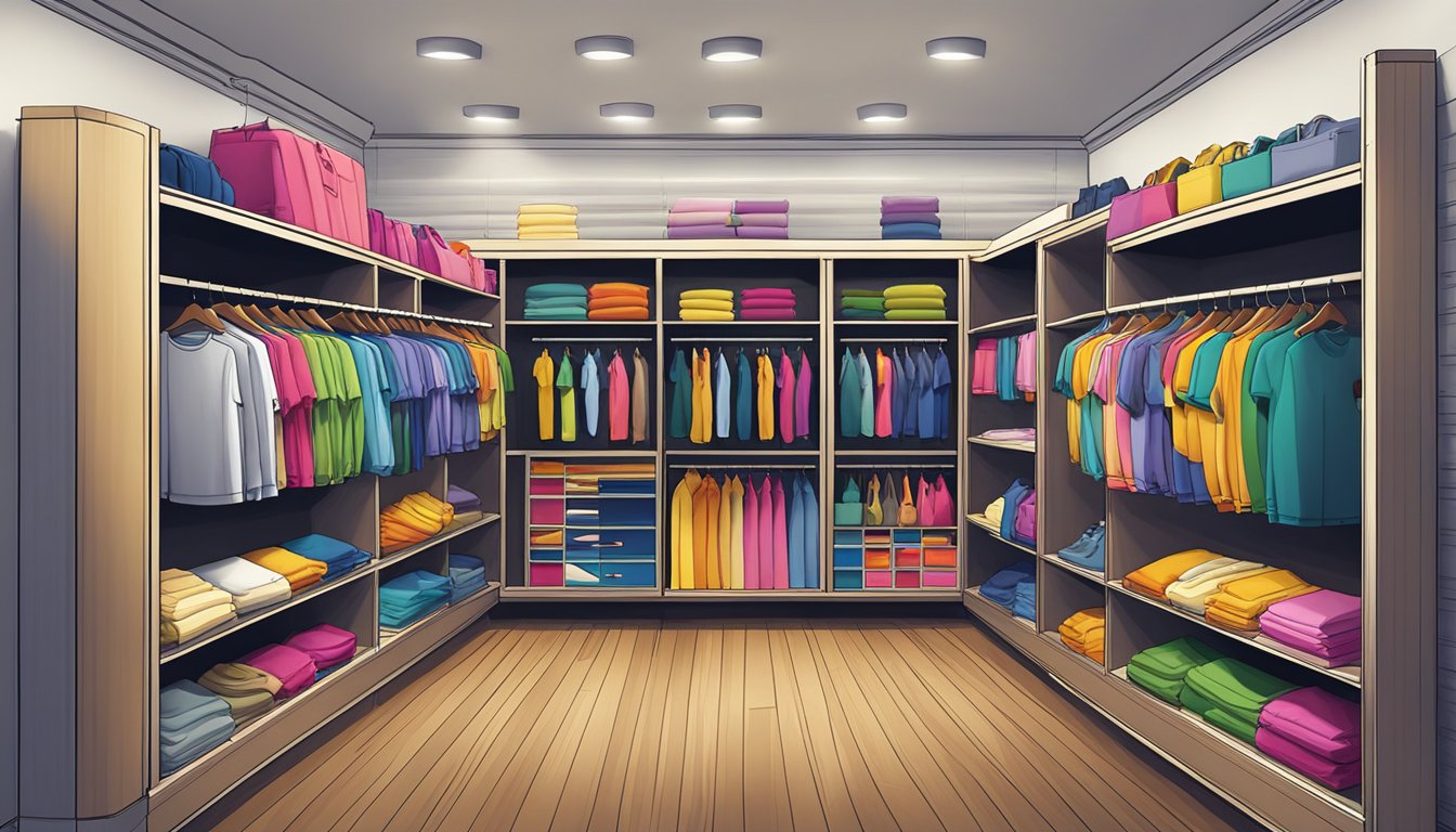 A colorful display of Pony Product Line clothing, arranged on shelves with the brand logo prominently featured