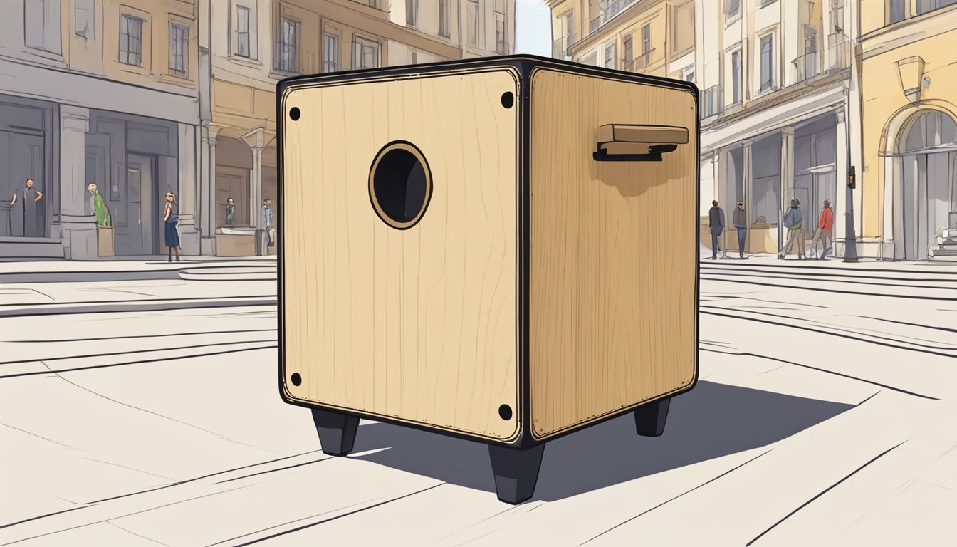 A person clicks "buy now" for a cajon online. They receive a confirmation email and tracking number. The cajon arrives in a box, and the person opens it, excited to start playing
