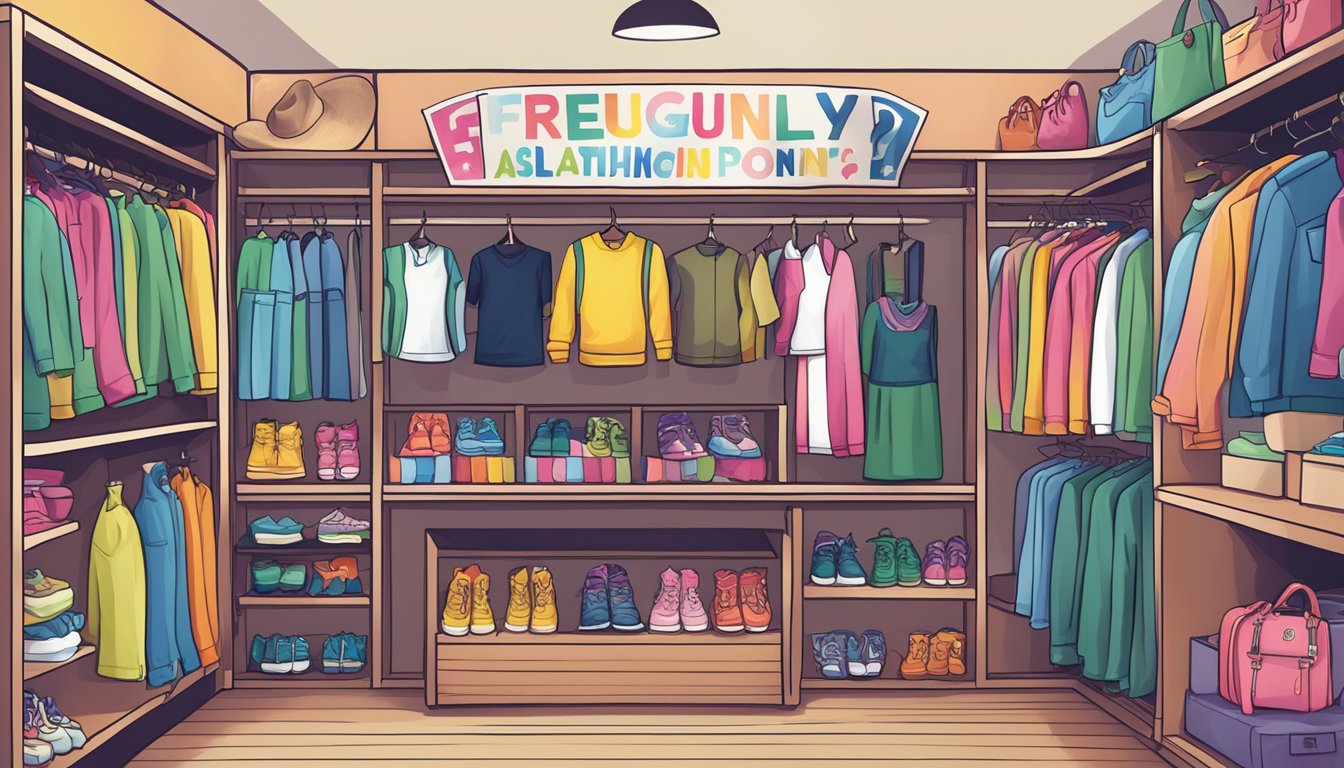 A colorful display of pony-themed clothing items, neatly arranged on shelves with a sign reading "Frequently Asked Questions pony clothing brand."
