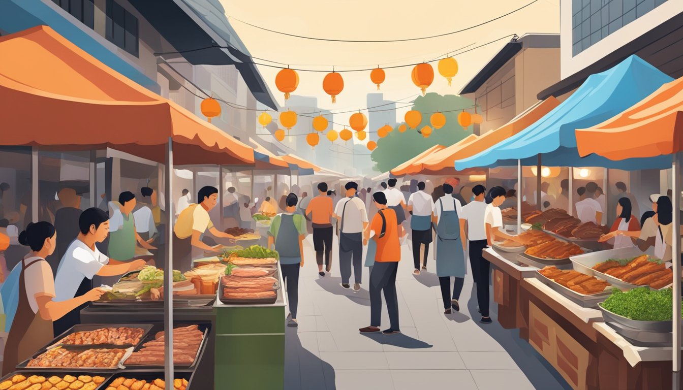 A bustling street market in Singapore, with vendors selling succulent roast goose from sizzling open-air stalls. The aroma of crispy skin and tender meat fills the air