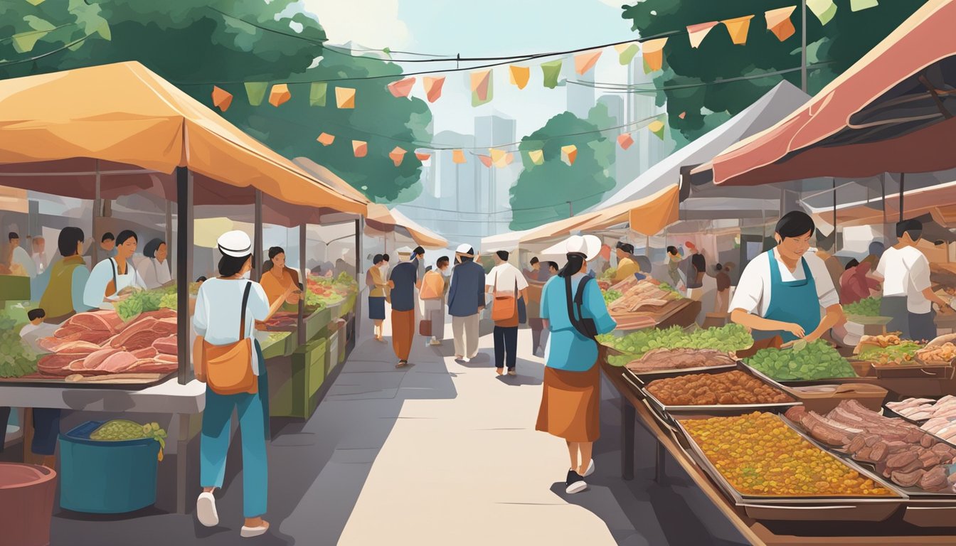 A bustling street market in Singapore, with vibrant stalls selling succulent roast goose. The aroma of the sizzling meat fills the air, as locals and tourists alike flock to sample this beloved delicacy