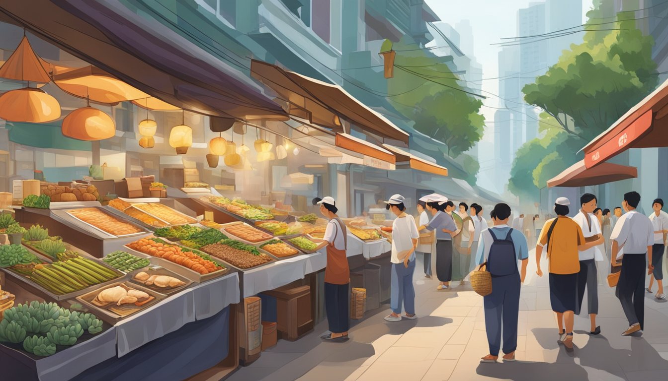 A bustling street in Singapore, with vendors proudly displaying succulent roast geese in their storefronts, enticing passersby with the mouthwatering aroma of the city's beloved delicacy