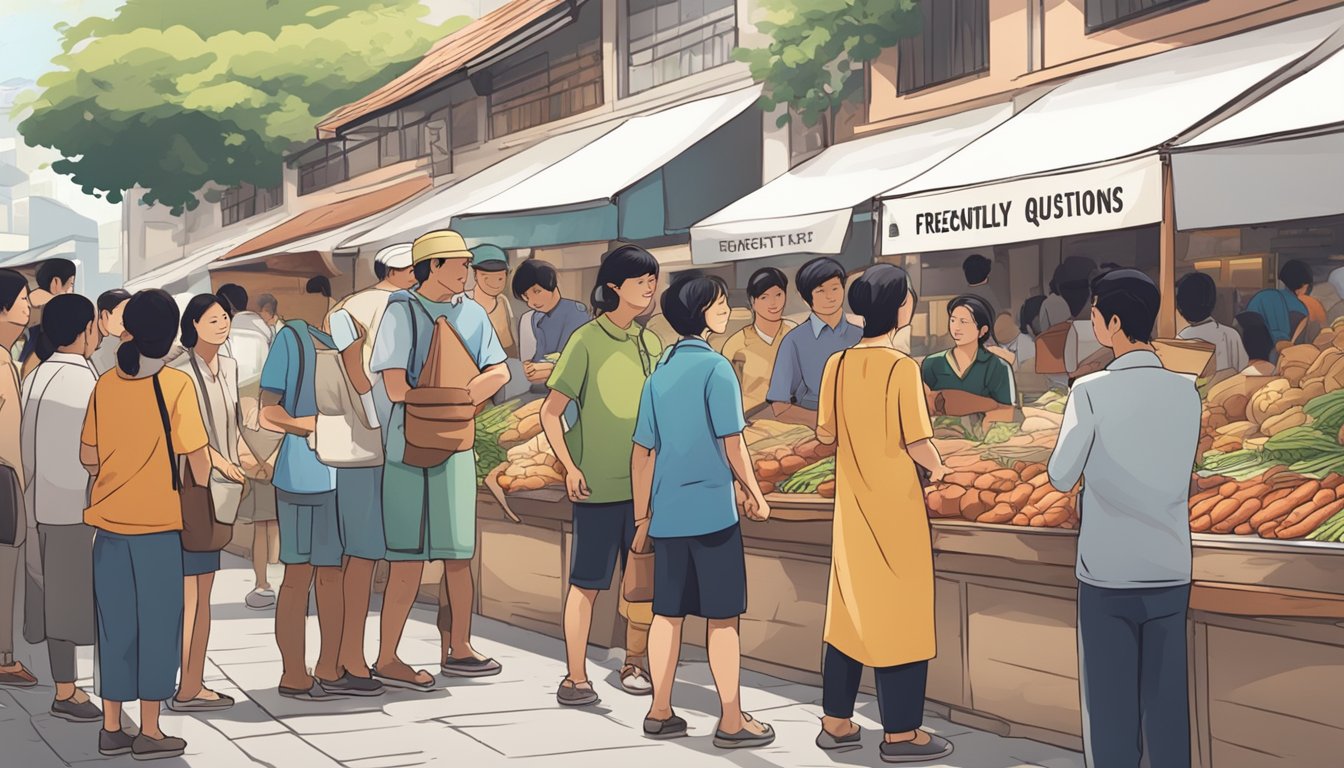 A bustling street market with vendors selling roast goose in Singapore. Customers line up, pointing and chatting with the sellers. A sign advertises "Frequently Asked Questions" about the product