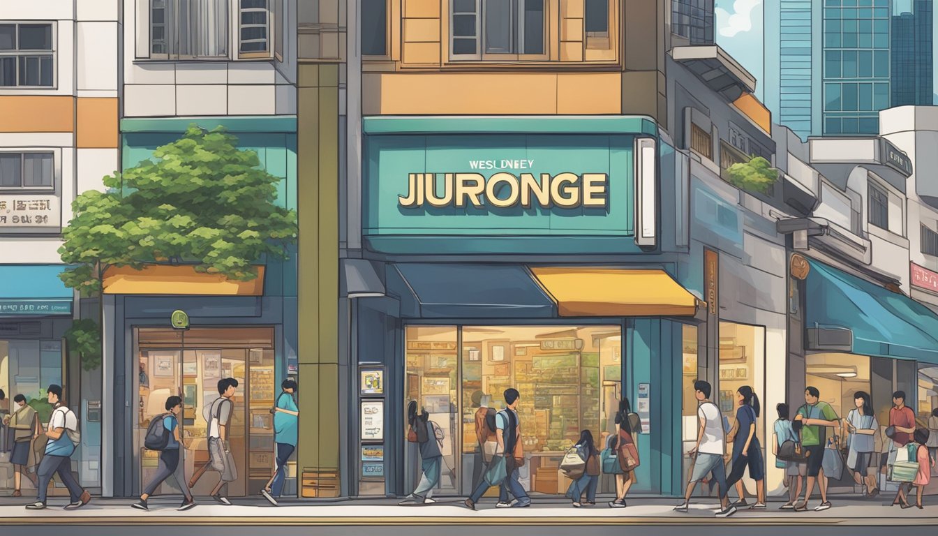 A storefront sign reads "Jurong West Money Lender" in Singapore's bustling urban area. Surrounding buildings tower over the busy street, and people hurry past, creating a sense of urgency