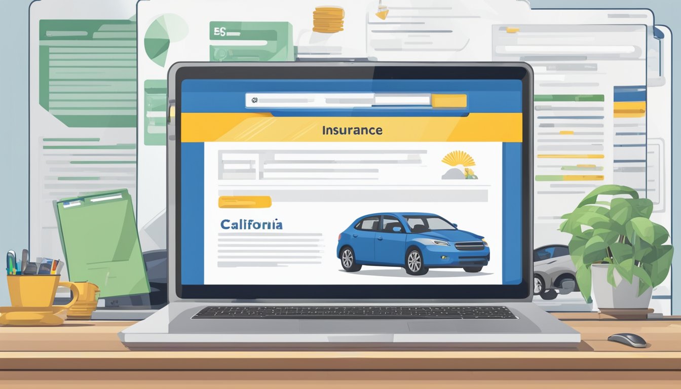 A computer screen displaying a car insurance website with a California state flag in the background. A mouse cursor clicks on the "Get a Quote" button