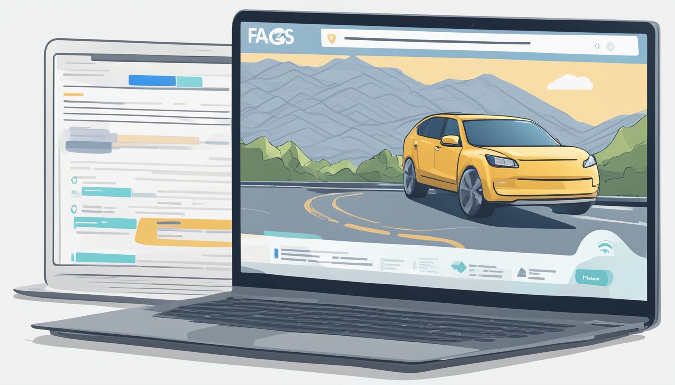 A laptop open to a car insurance website, with a California map and a checklist of FAQs displayed on the screen