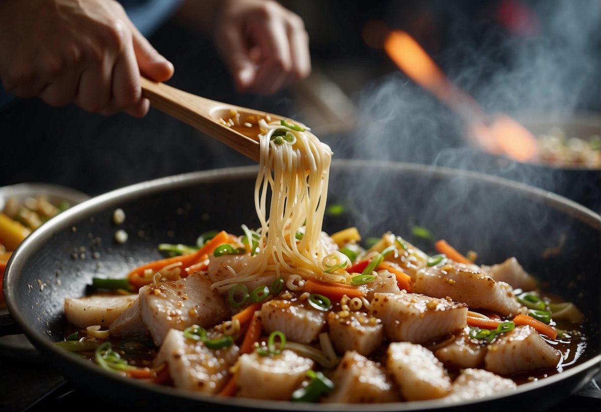 A wok sizzles with ginger, garlic, and soy sauce as a variety of fresh fish fillets are tossed in, creating a fragrant and colorful Chinese-style fish dish