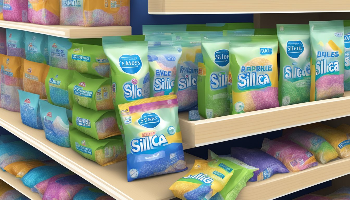 Silica gel packets displayed on shelves in a Singapore store