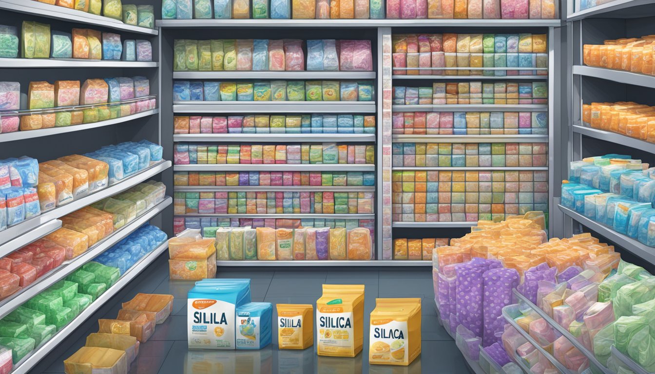 A store shelf filled with various sizes of silica gel packets, with a sign reading "Silica Gel for Sale" in a busy Singaporean market