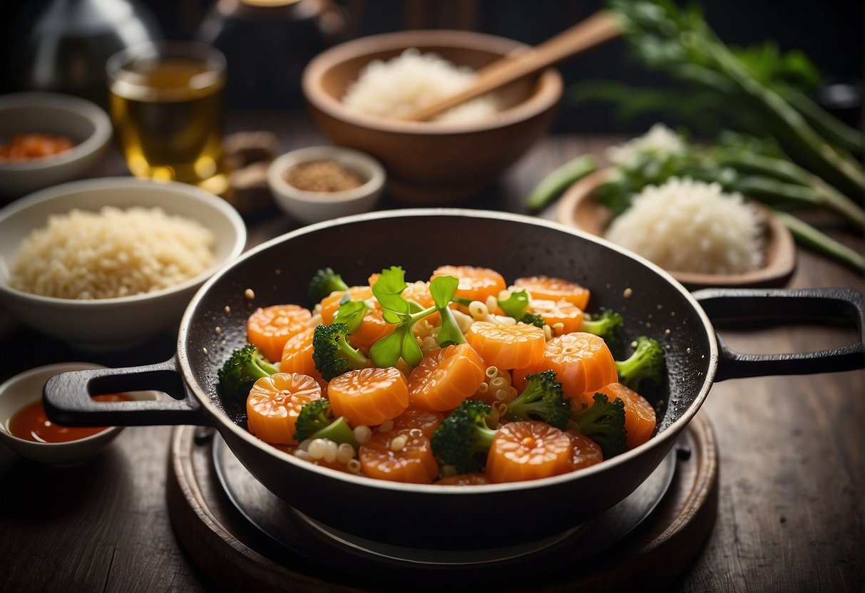 A wok sizzles as fish roe is stir-fried with garlic and ginger. Soy sauce and rice wine are added, creating a savory aroma