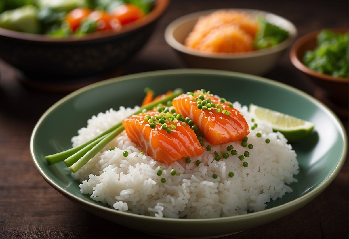 A pair of chopsticks delicately sprinkles fish roe over a bed of steamed rice and vegetables, adding a burst of color and flavor to the traditional Chinese dish