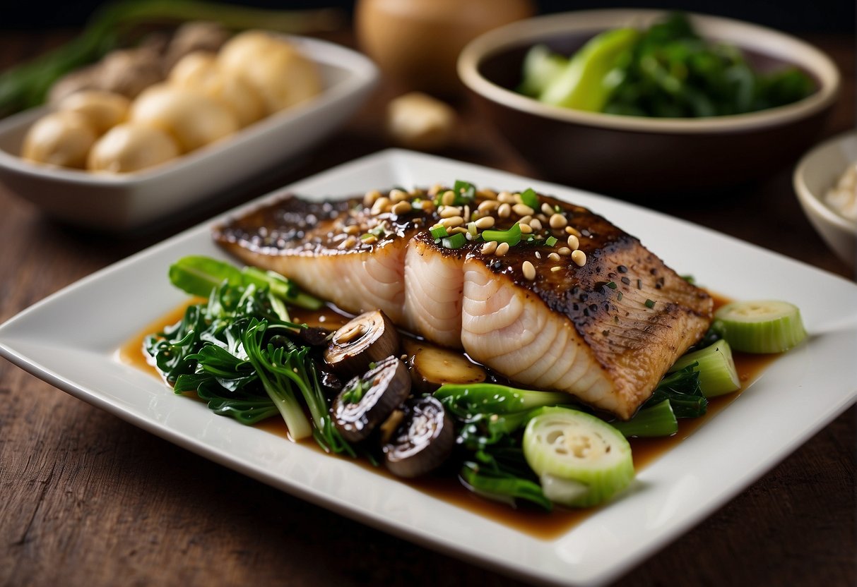 A chef fillets a whole fish, marinates it in soy sauce, ginger, and garlic, then steams it with bok choy and shiitake mushrooms