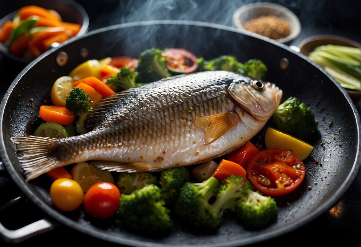 A whole fish sizzling in a wok with ginger, garlic, and soy sauce, surrounded by colorful vegetables and aromatic herbs