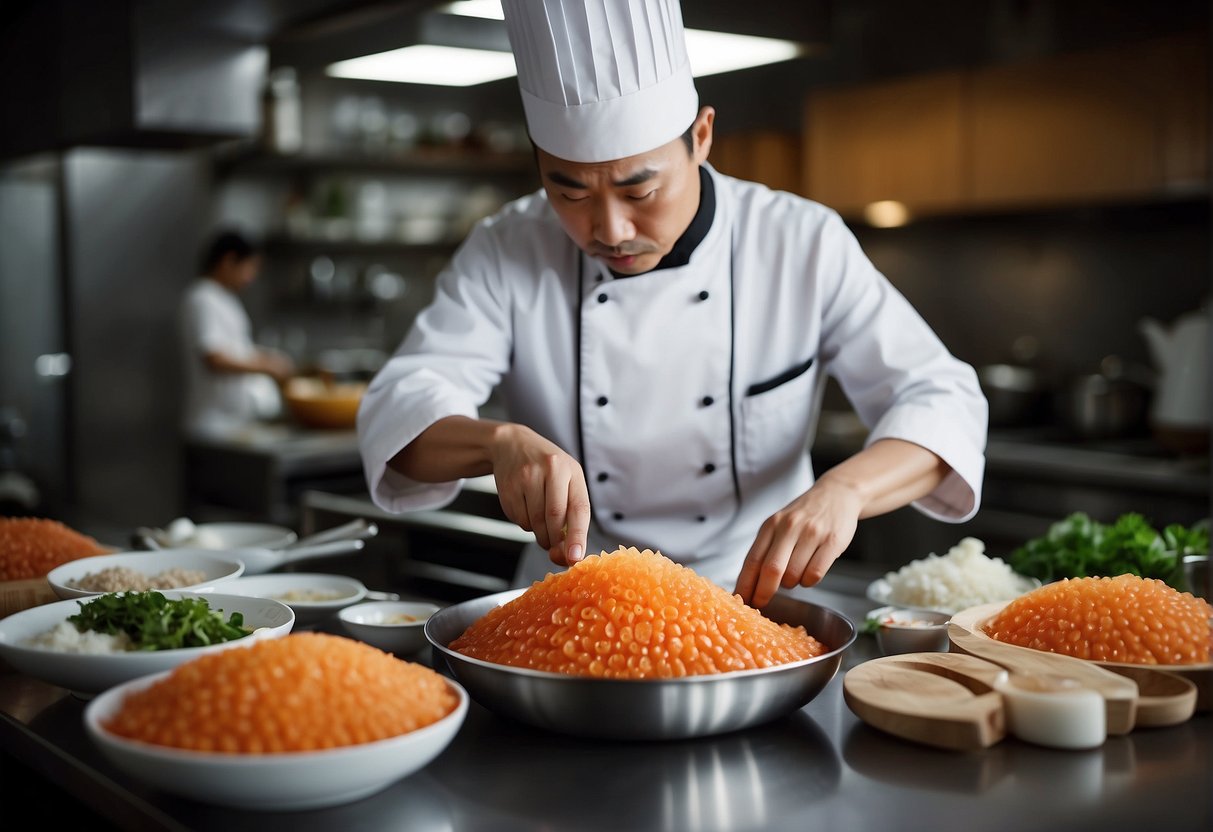 A Chinese chef prepares fish roe in a bustling kitchen, surrounded by ingredients and utensils. The chef expertly mixes and cooks the roe, creating a traditional and delicious dish