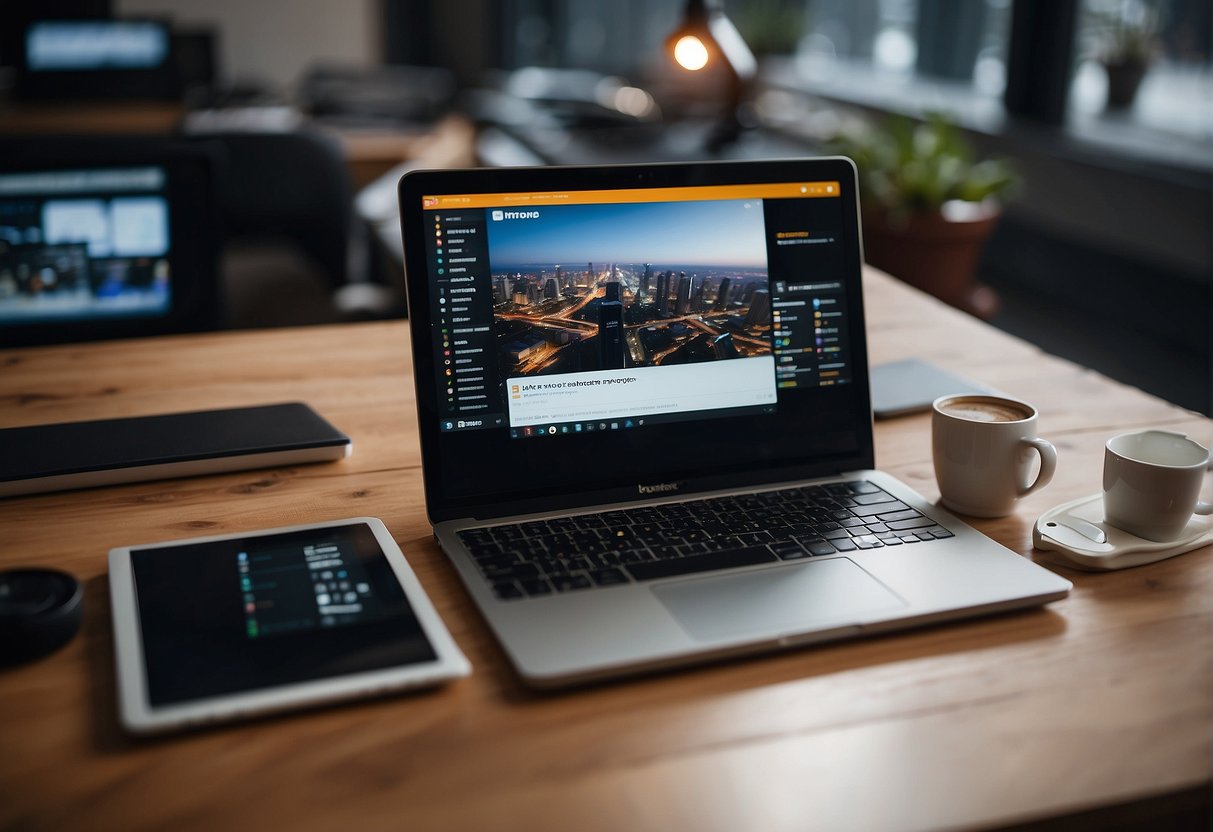 A laptop open on a desk with a camera and a pair of feet propped up, with a background of various online marketplace logos