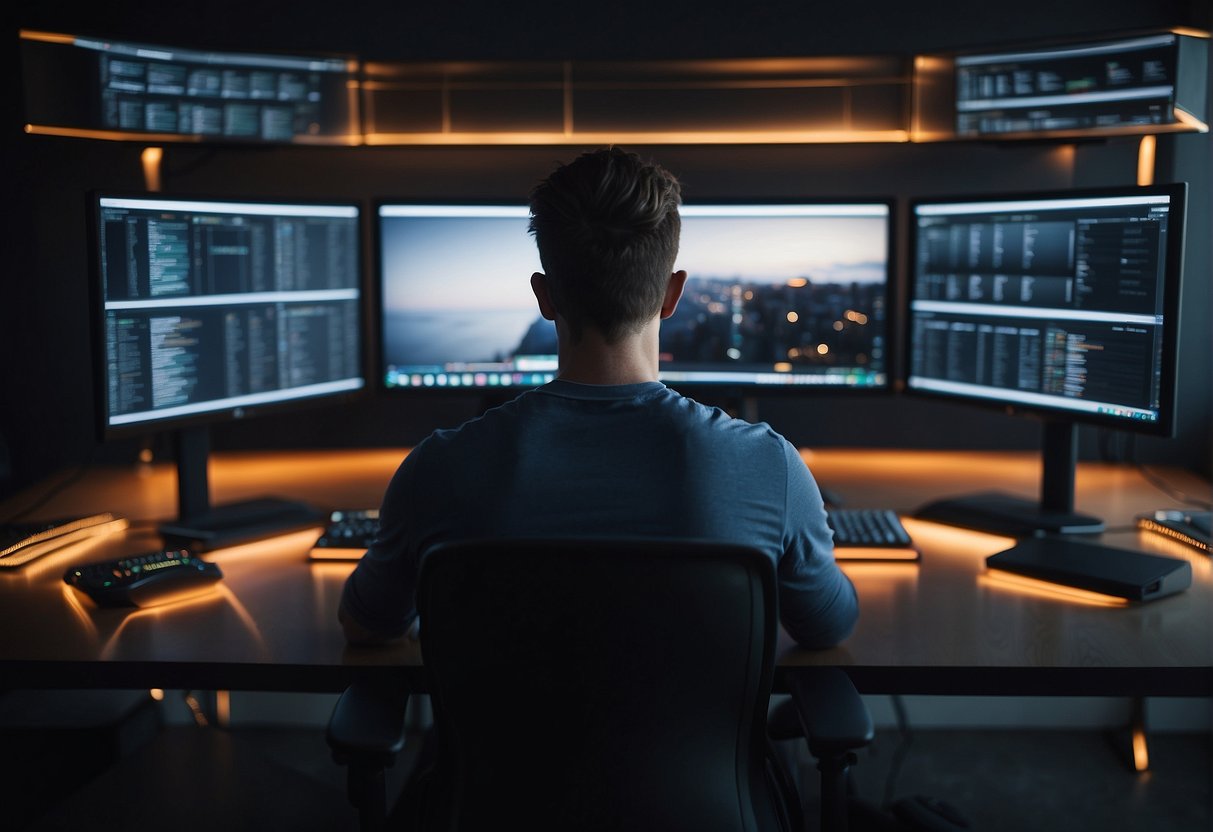 A person sits at a desk, surrounded by computer screens showing different online platforms. They carefully compare features and benefits before selecting the best one to sell their feet pics