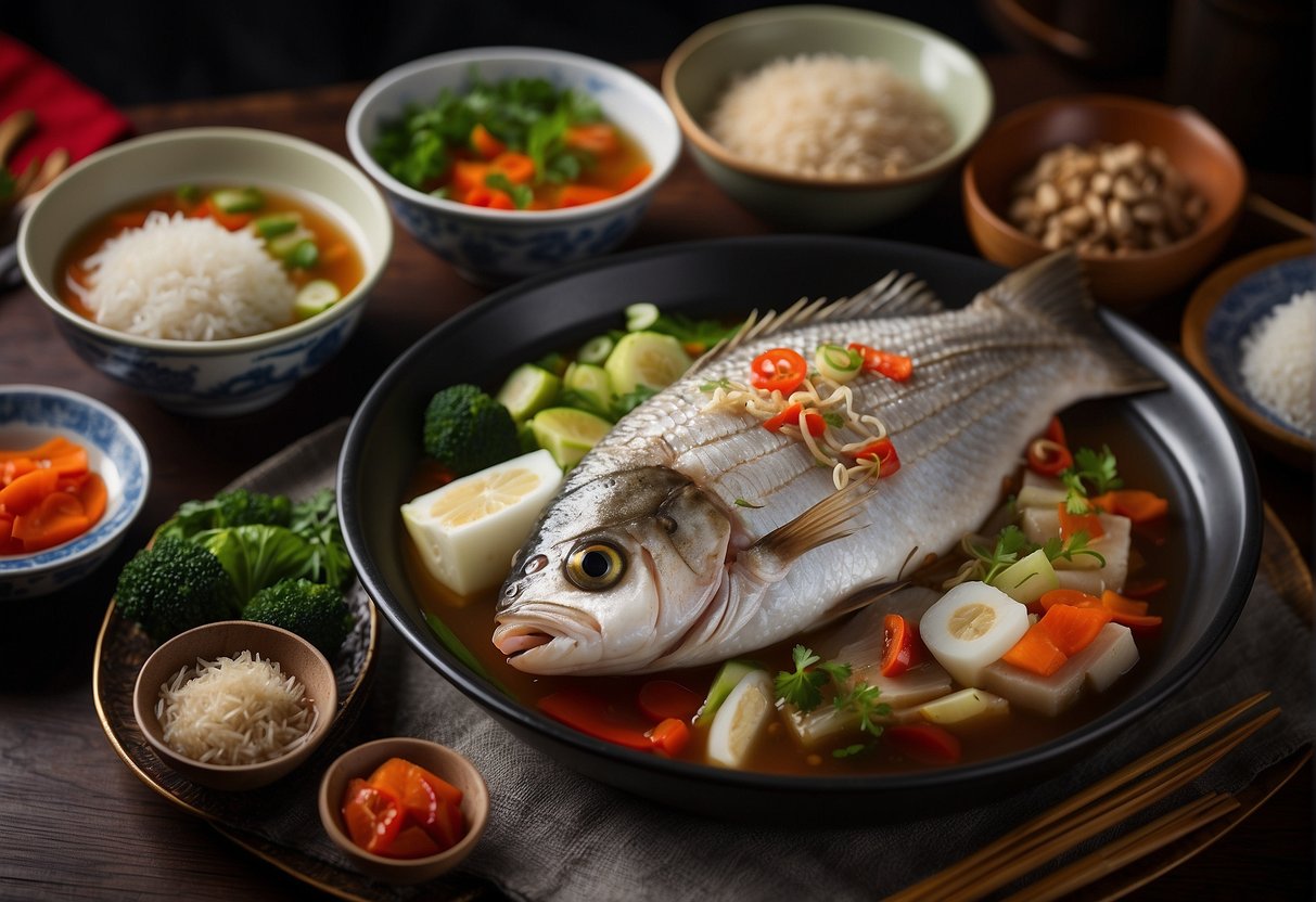 A table set with steamed whole fish, stir-fried fish fillets, and fish soup, surrounded by traditional Chinese cooking ingredients and utensils