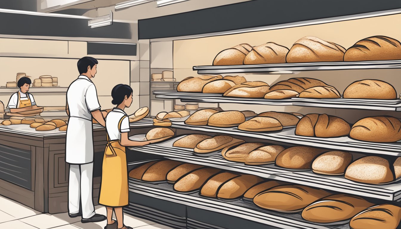A bustling bakery in Singapore displays shelves of freshly baked sourdough loaves, with a friendly staff member assisting customers