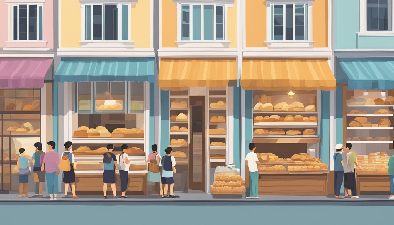 A bustling street in Singapore, with colorful storefronts displaying freshly baked sourdough bread. Customers eagerly line up to purchase the artisanal loaves, while the warm aroma of bread fills the air