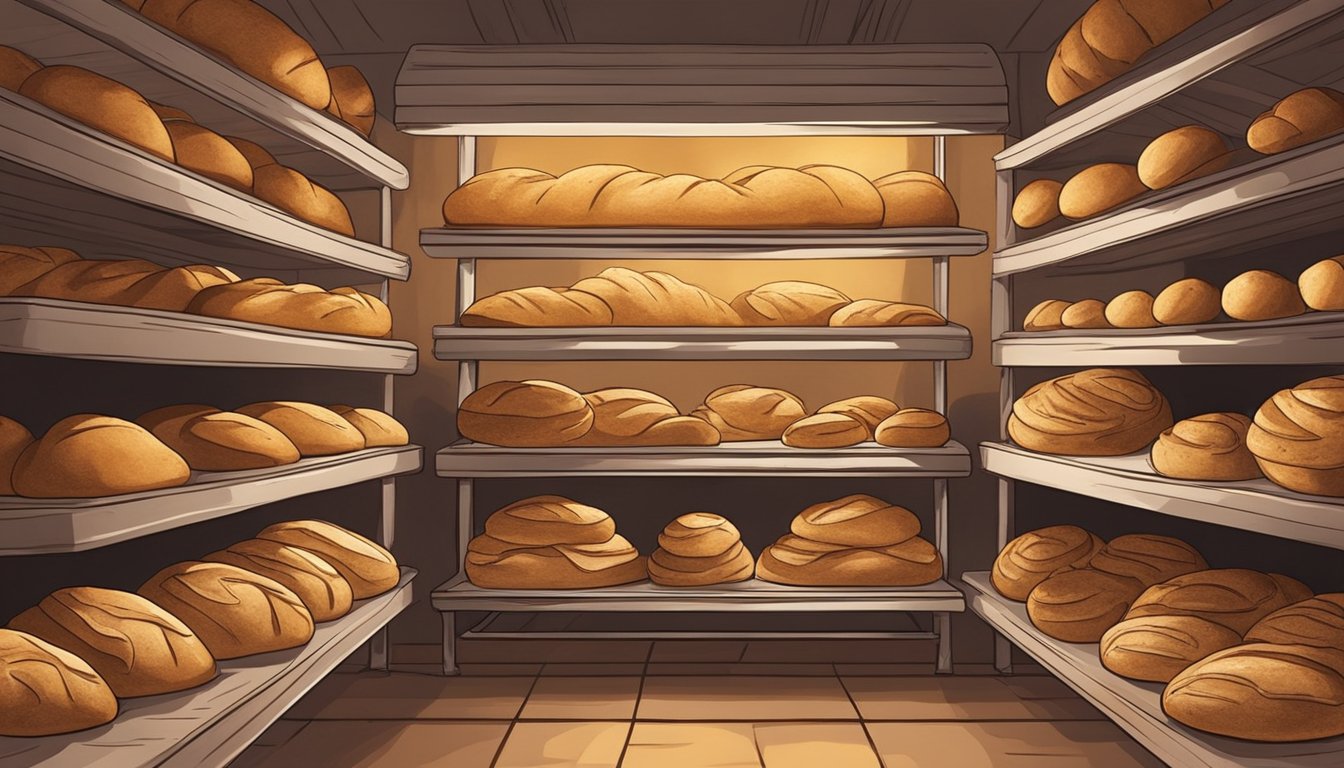 A rustic bakery with shelves lined with freshly baked sourdough loaves. The warm glow of the oven illuminates the golden crusts, while the air is filled with the comforting aroma of tangy fermentation