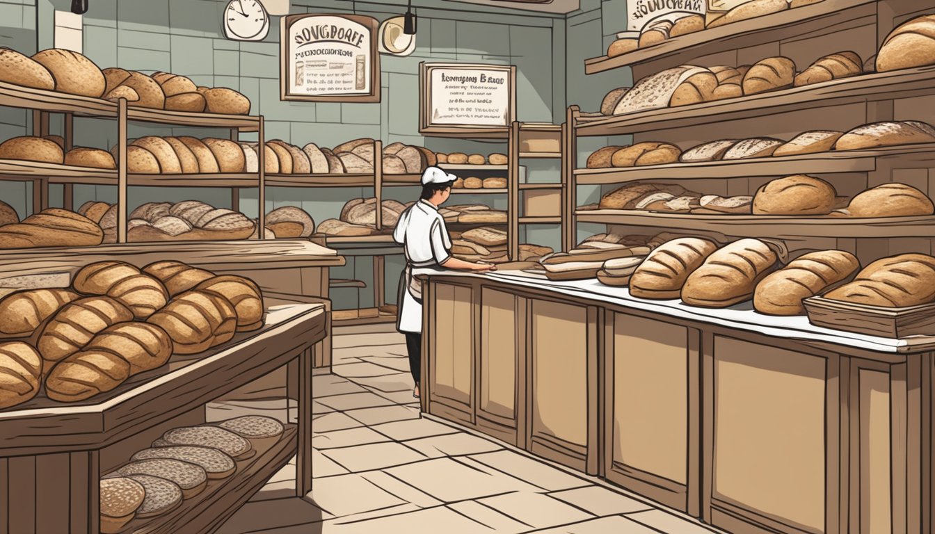 A bustling bakery with shelves of freshly baked sourdough loaves, a sign displaying "Frequently Asked Questions: Where to buy sourdough bread in Singapore."