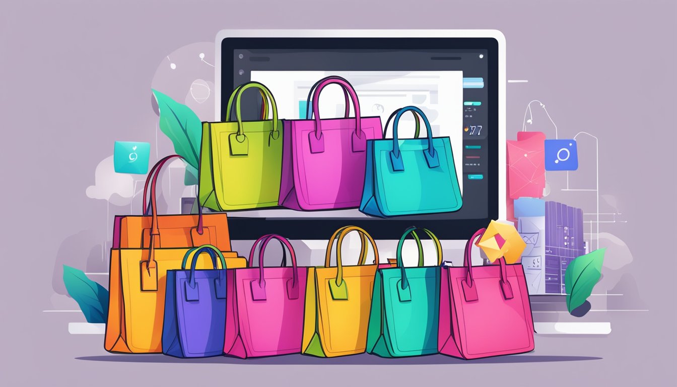 A computer screen displaying a website with various colorful and stylish bags, a cursor clicking on a "buy now" button