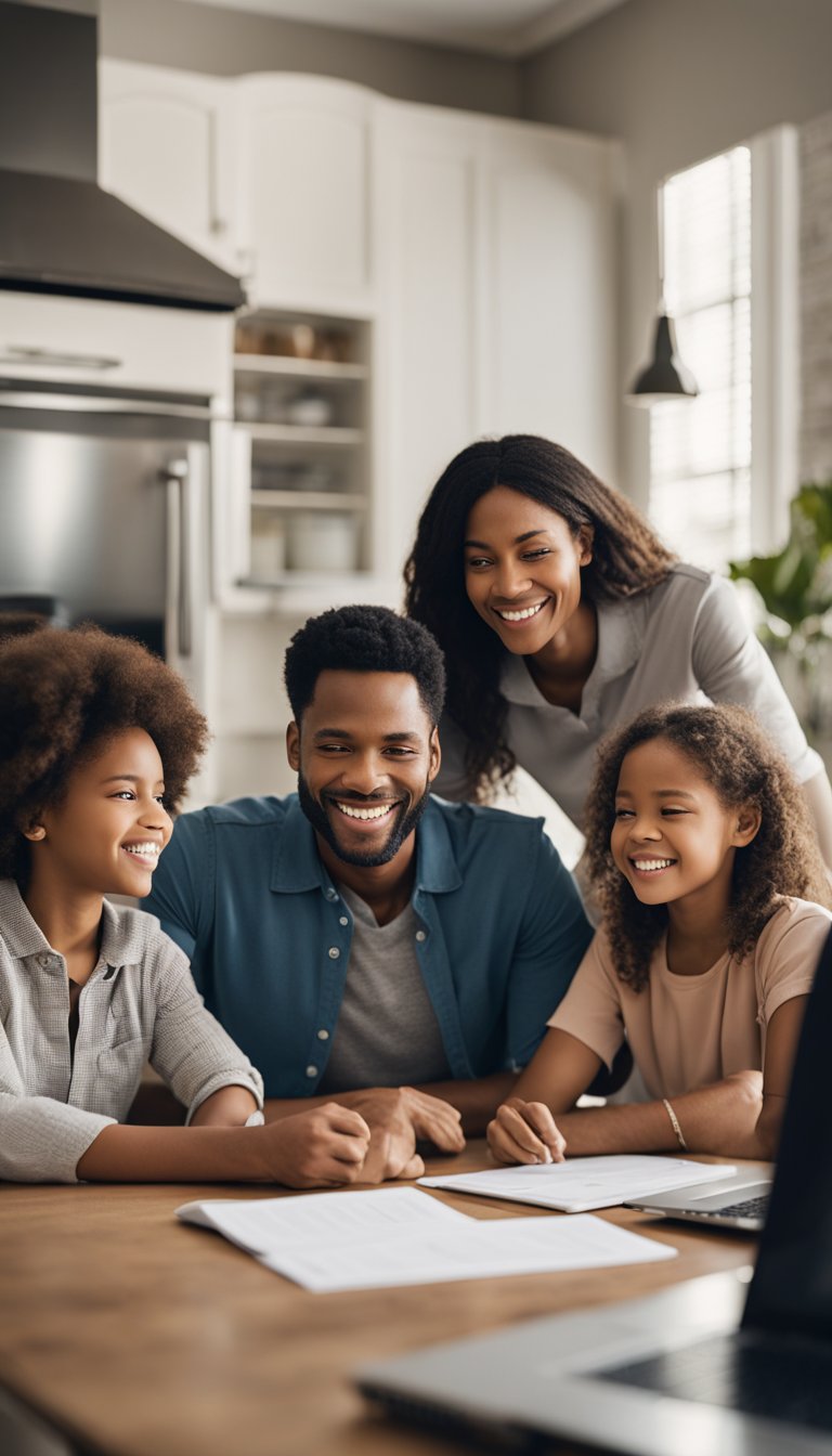 A family sits at a kitchen table, surrounded by paperwork and a laptop. A representative discusses life insurance options with them, while a calendar on the wall reads "2024."