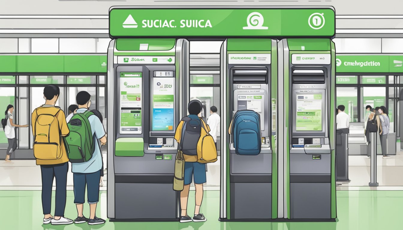 A traveler purchases a Suica card at a ticketing machine in a bustling Singapore train station