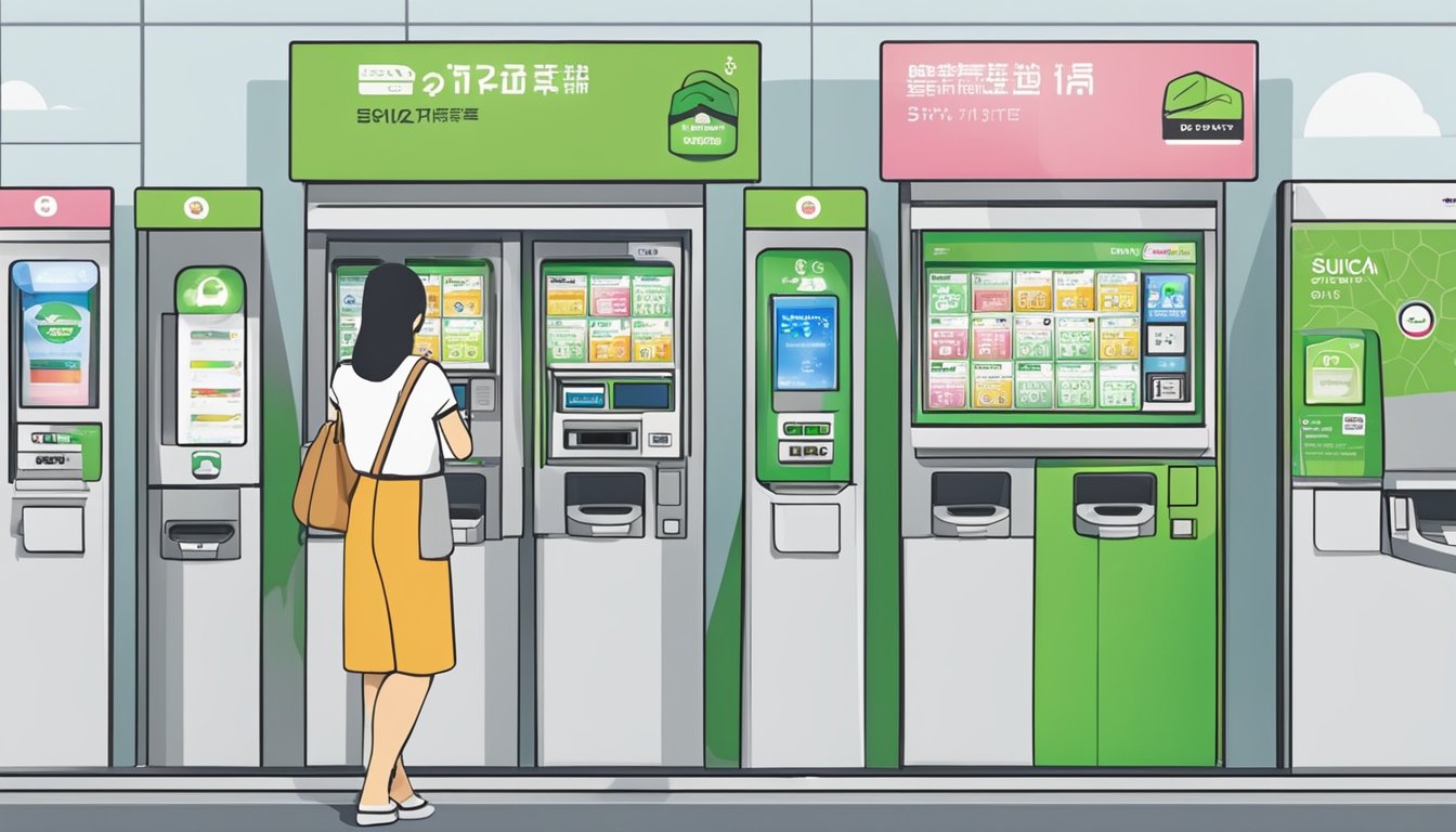 A customer approaches a ticket vending machine in Singapore, selecting the option to purchase a Suica card. The machine displays the price and prompts the customer to make the payment using cash or card