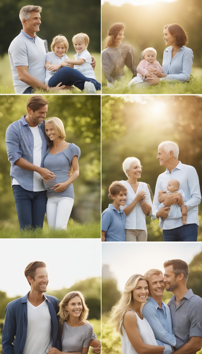 A family at various life stages: young couple with a baby, middle-aged couple with teenagers, and elderly couple. Each stage is depicted with relevant symbols of growth and change