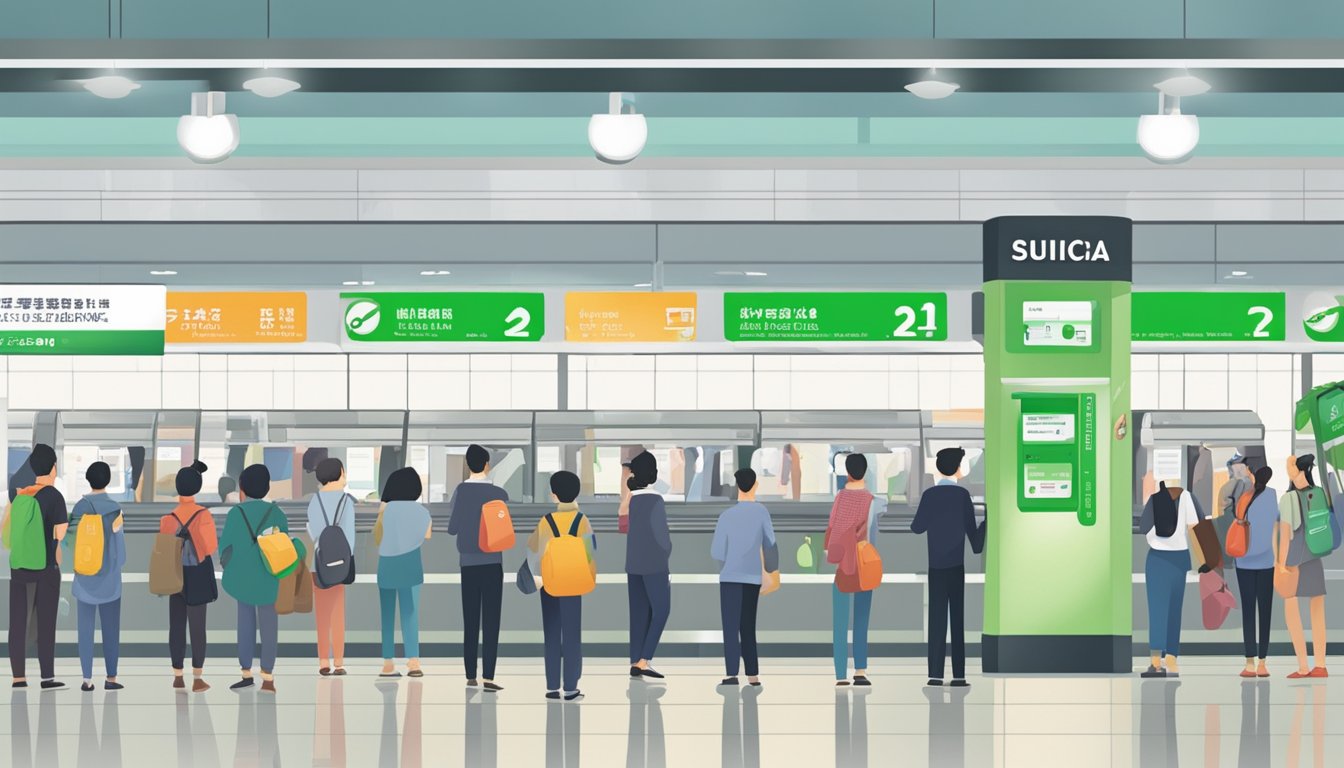 A busy train station with a sign "Where to buy Suica card in Singapore" above a ticket counter with people lining up