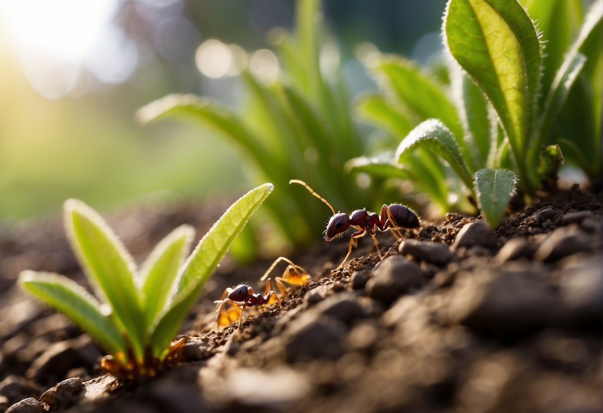 Ants are being lured away from plants with non-toxic bait. Plants are surrounded by barriers to prevent ant access