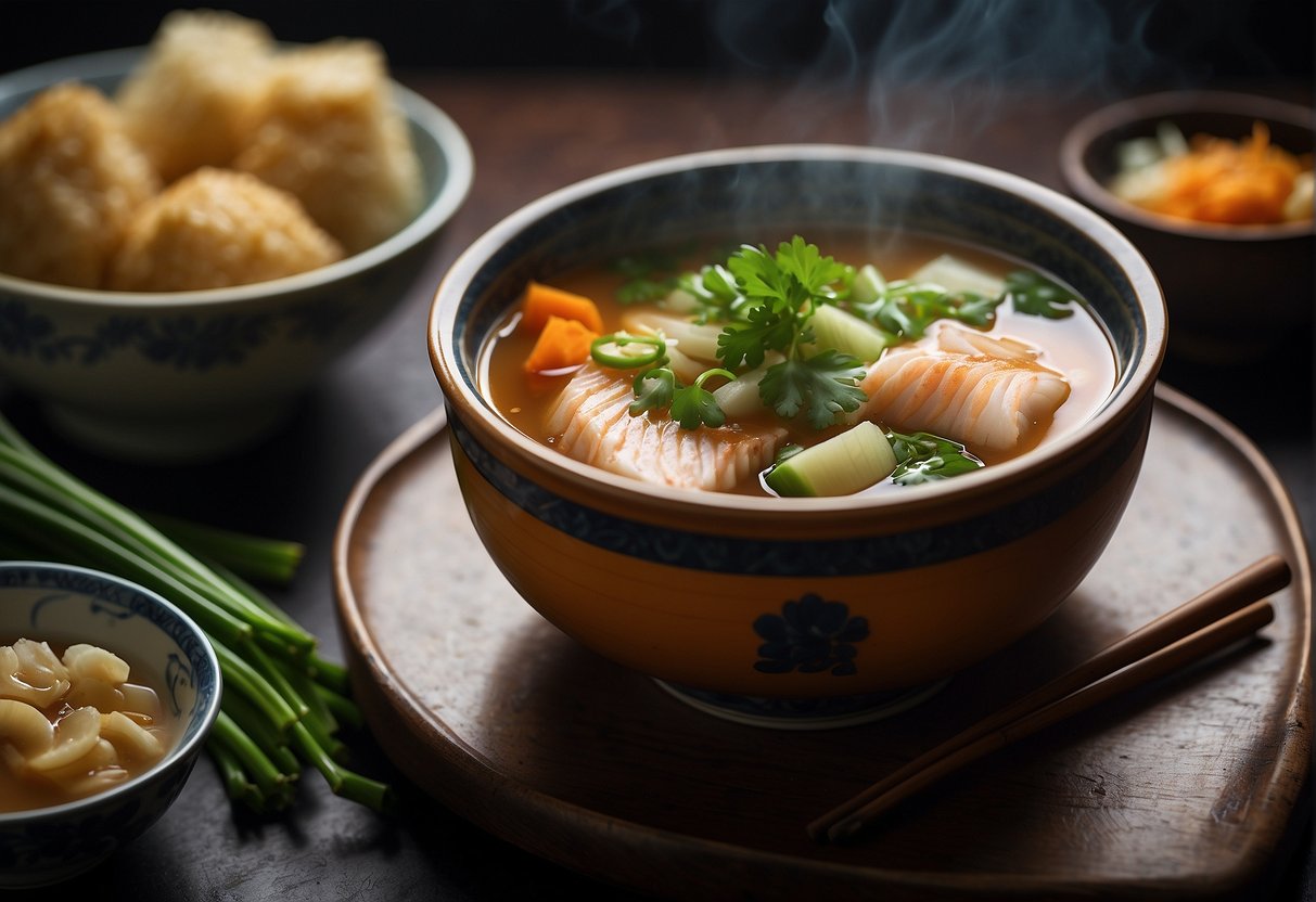 A steaming pot of Chinese fish soup with ginger, scallions, and soy sauce, garnished with cilantro and served in a traditional ceramic bowl