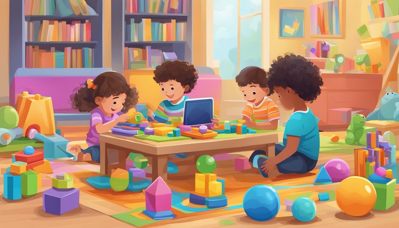 Children playing with educational and fun toys, surrounded by colorful and engaging playthings. A computer or tablet nearby for online purchases