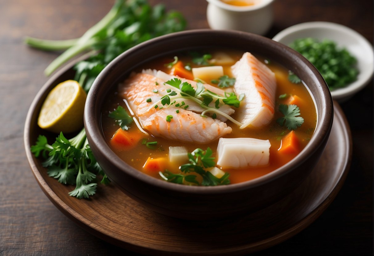 A steaming pot of Chinese fish soup with ginger, garlic, and green onions, accompanied by a bowl of fresh fish fillets and a variety of aromatic herbs and spices
