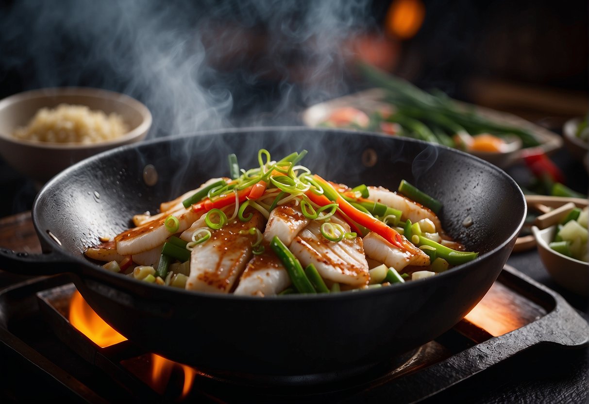 A wok sizzles with fish slices, ginger, and scallions in a fragrant Chinese sauce. Soy sauce, rice wine, and sugar add depth to the dish