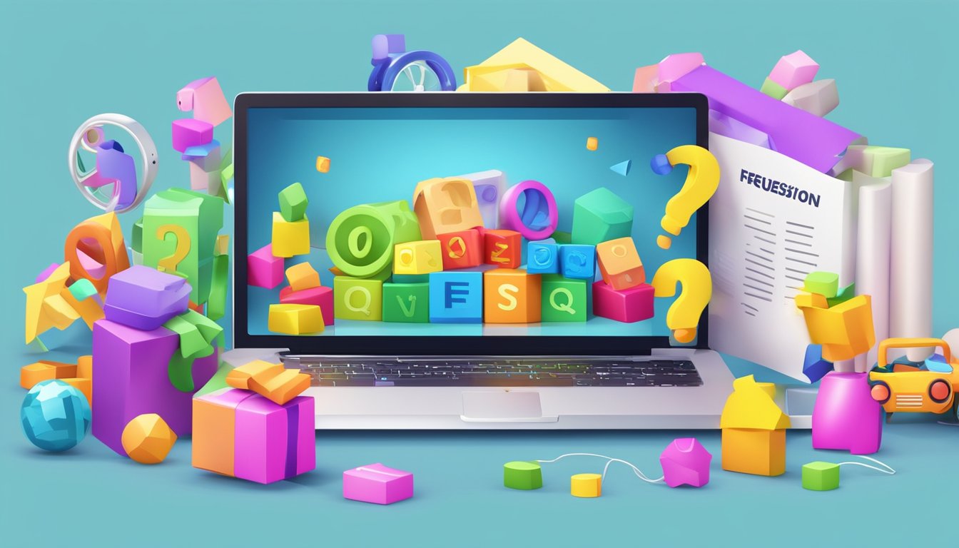 Colorful toys scattered on a computer screen with a "Frequently Asked Questions" banner above. Online shopping website in the background