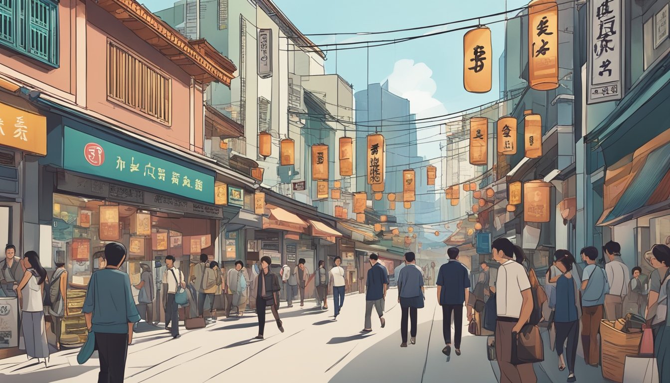 A bustling Chinatown street, with a money lender's sign in the background. People walk by, some looking worried, others determined. The scene depicts the challenges of seeking a personal loan in Singapore's financial district
