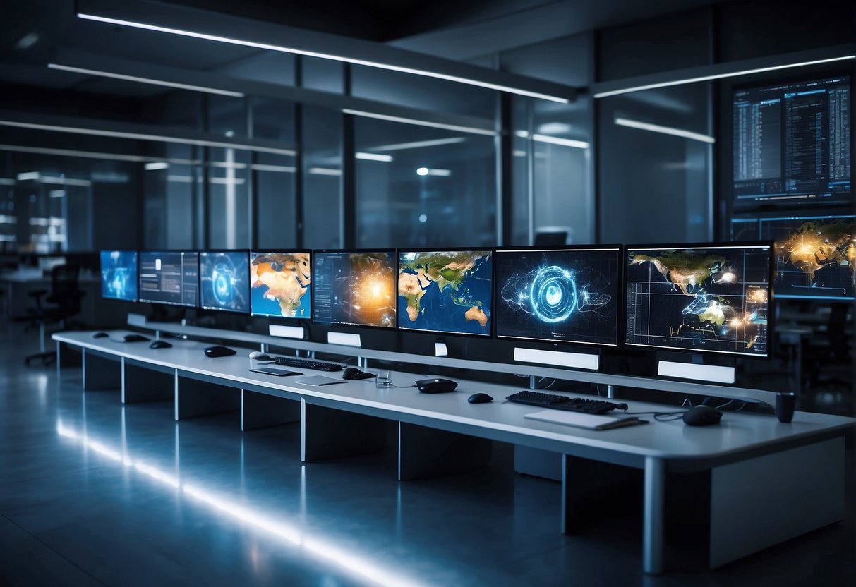 A modern office setting with multiple computer screens displaying AI content generators in action. Bright, futuristic graphics and technology