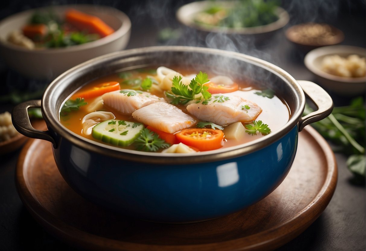 A steaming pot of Chinese-style fish soup, filled with aromatic herbs and spices, with chunks of tender fish and vibrant vegetables floating in the flavorful broth