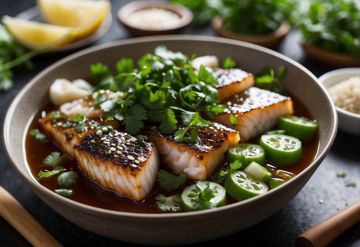 Fish slices marinating in soy sauce, ginger, and garlic. Chopped scallions and cilantro ready for garnish. Wok and cooking utensils on the counter