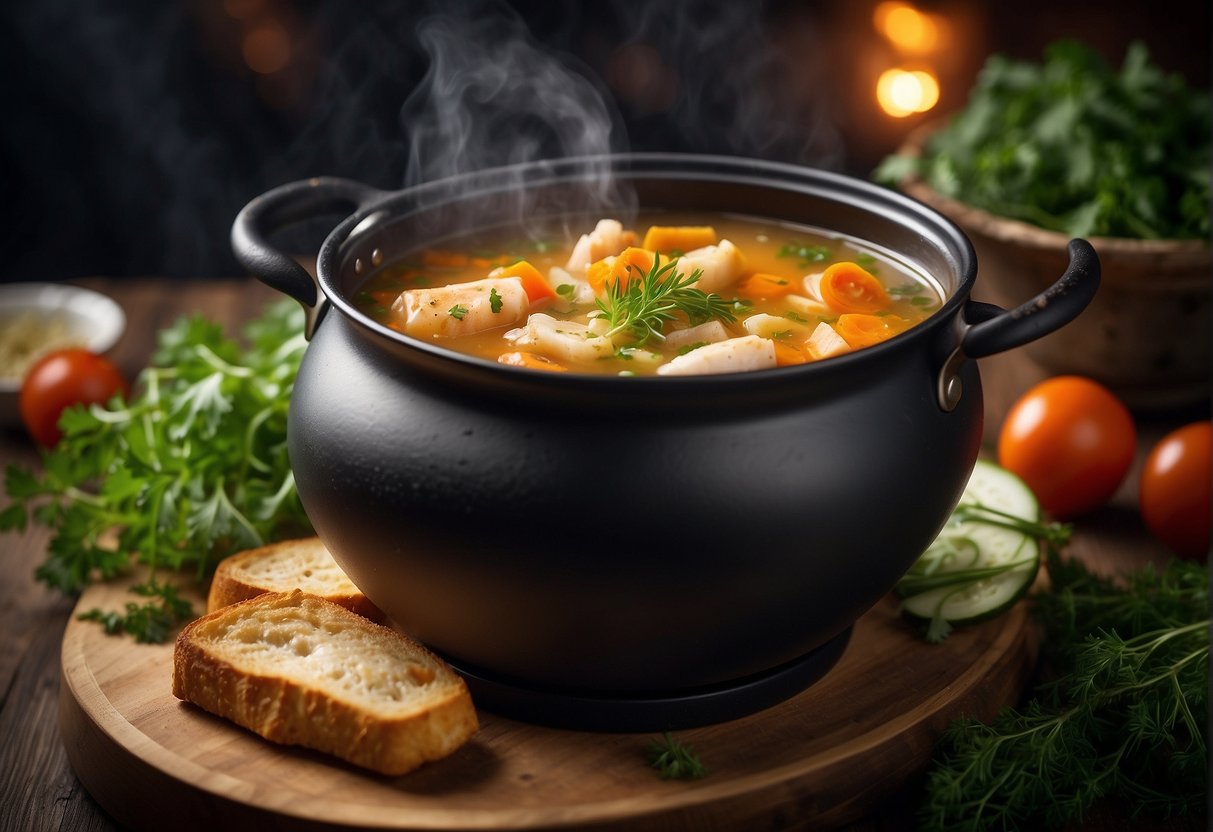 A pot of bubbling fish soup, filled with chunks of fish, vegetables, and herbs, exuding a rich and aromatic aroma