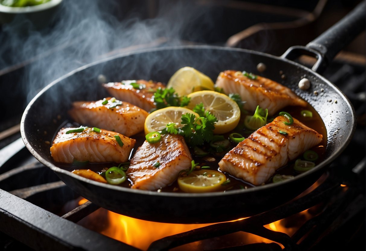 Sizzling fish slices in a wok, stir-frying with ginger, garlic, and soy sauce. Aromatic steam rises as the fish cooks to perfection