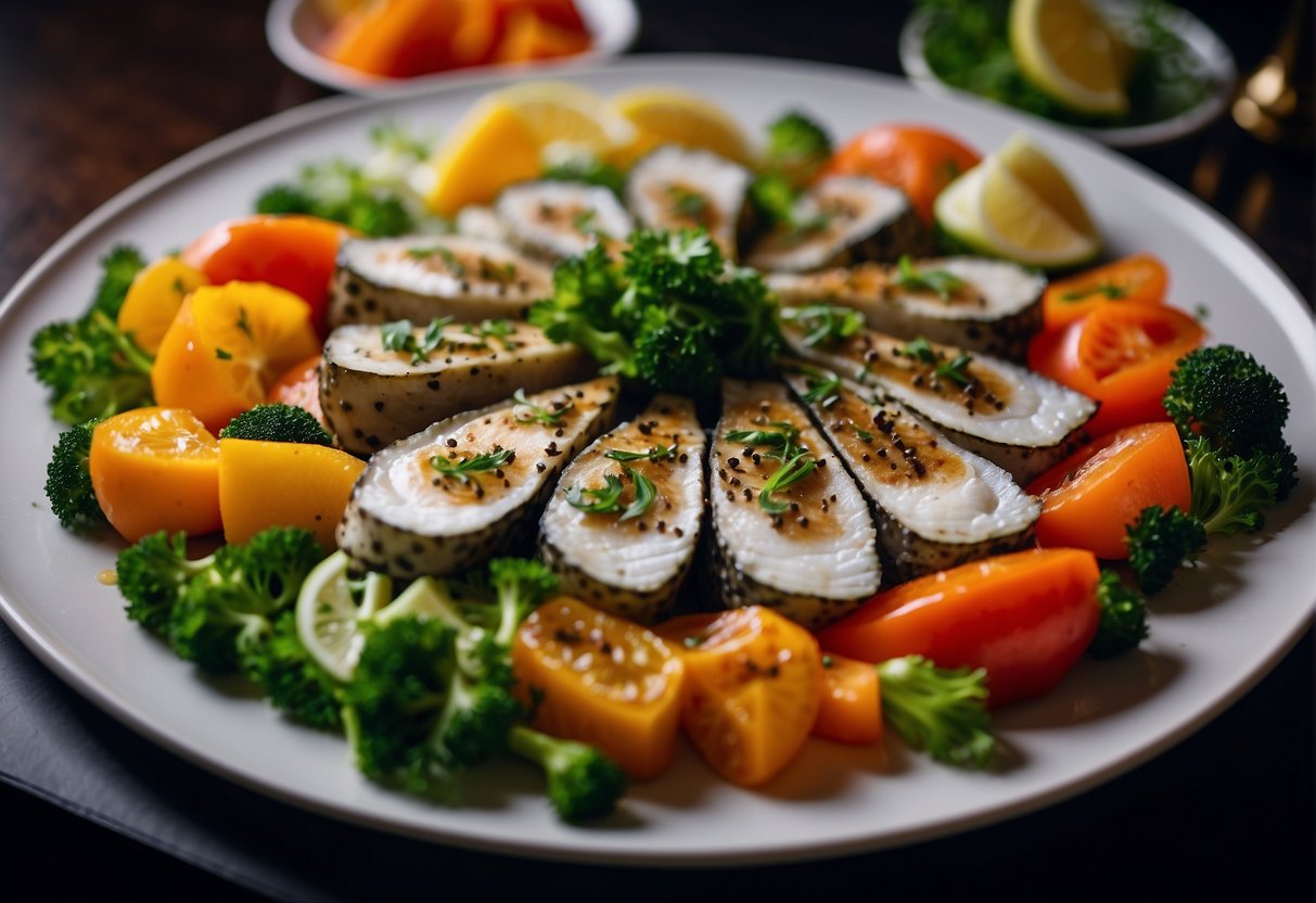 Fish slices arranged on a platter, garnished with colorful vegetables and herbs, ready to be served in a Chinese restaurant