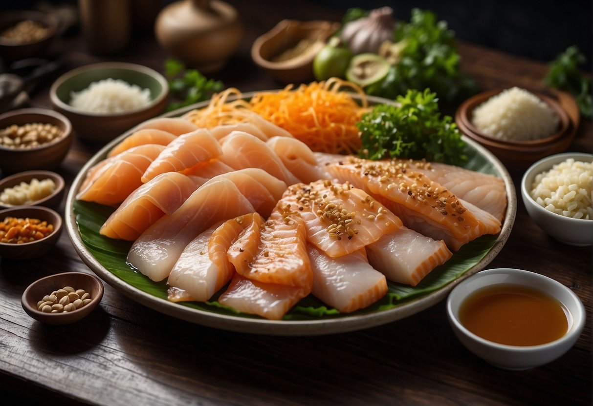 A table with various fish slices, surrounded by ingredients like ginger, garlic, and soy sauce. Chinese characters for regional variations are visible