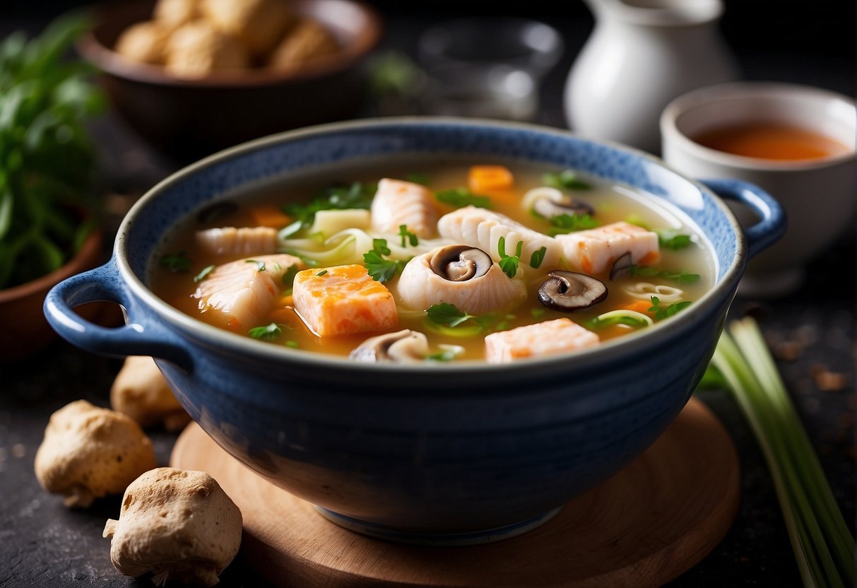 A steaming pot of Chinese-style fish soup surrounded by various ingredients like ginger, scallions, and mushrooms. A hint of aromatic spices fills the air