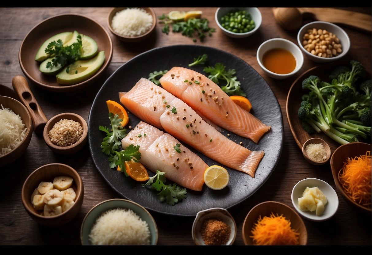 A chef slicing fish for a Chinese recipe, surrounded by ingredients and cooking utensils