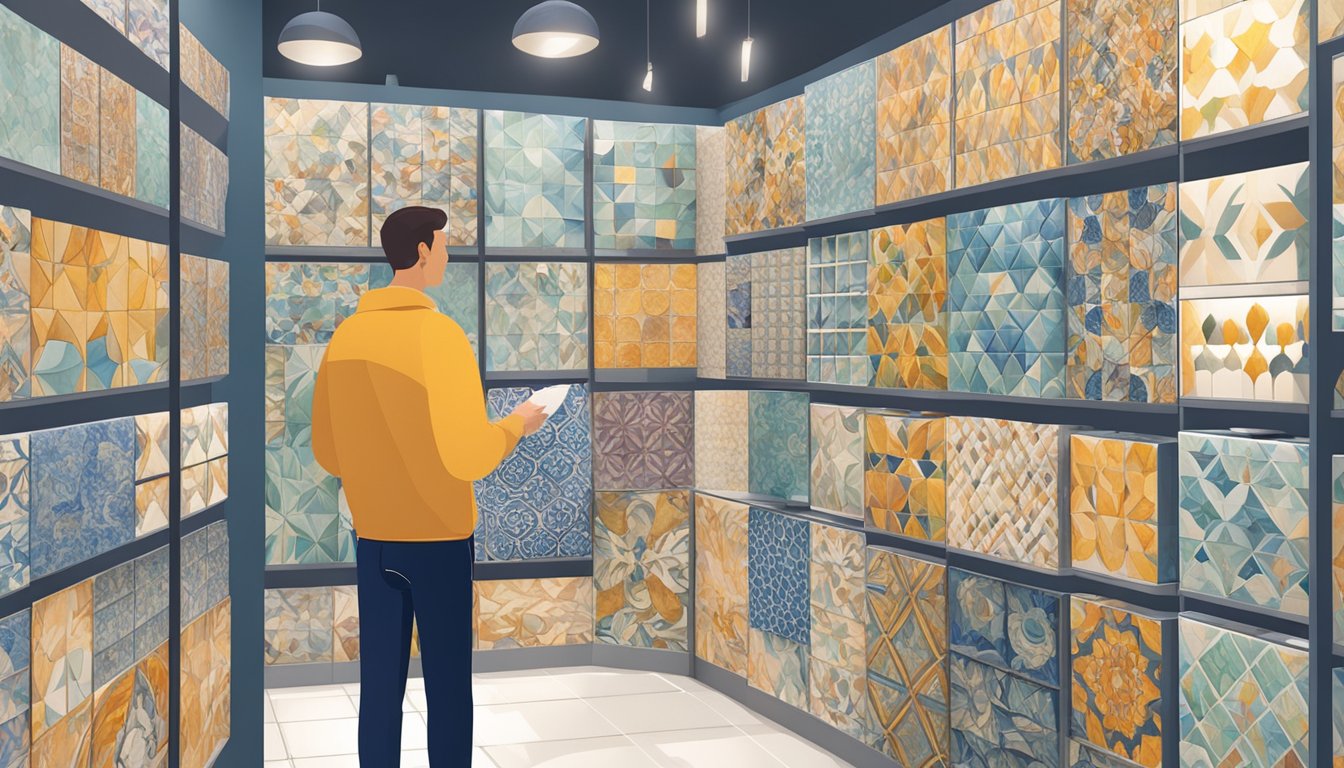 A customer browsing through a wide selection of tiles in a brightly lit showroom, with various patterns and colors on display