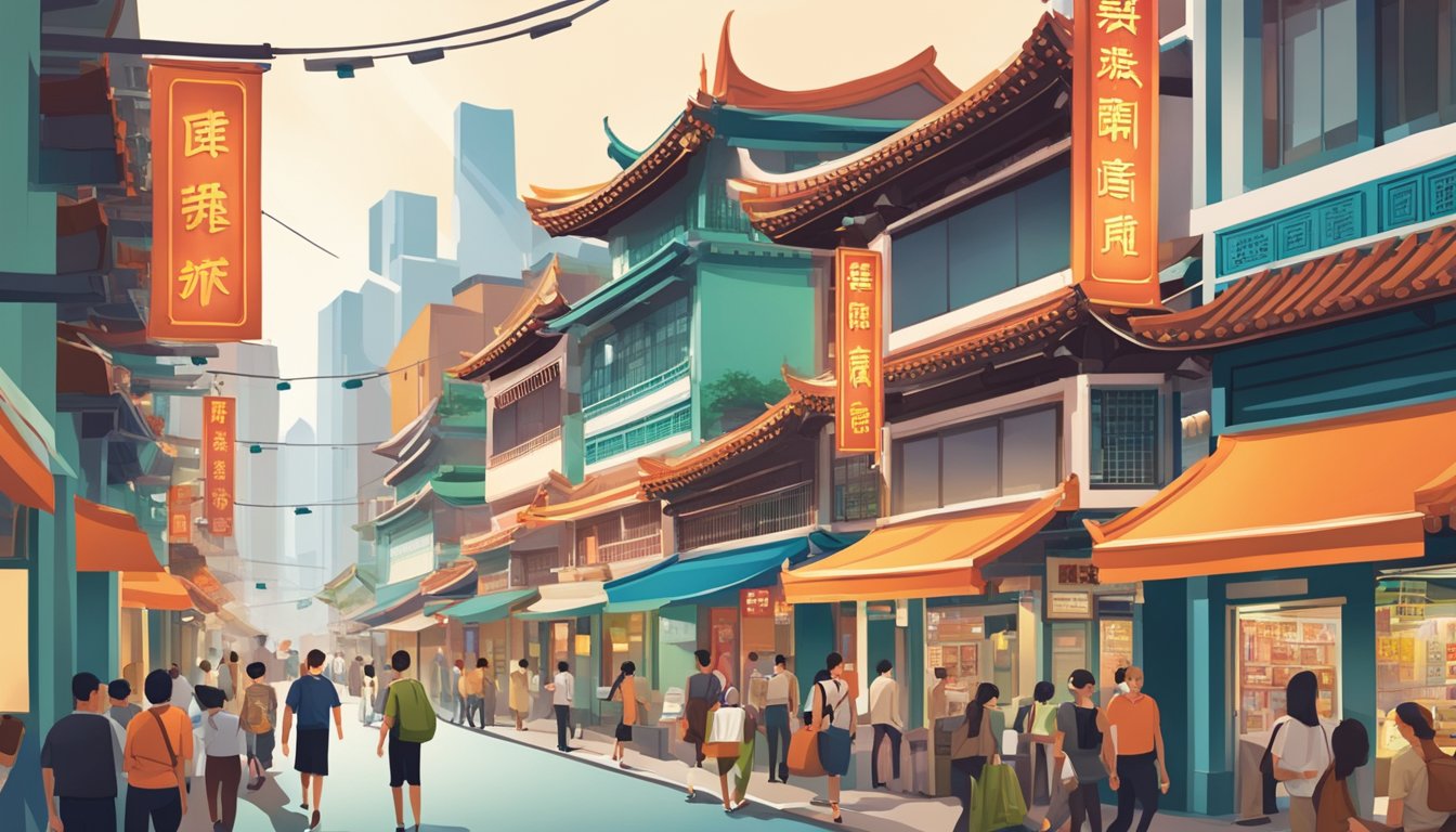 A bustling Chinatown street with a prominent sign for a financial planning and management money lender in Singapore. The scene is vibrant and bustling with activity