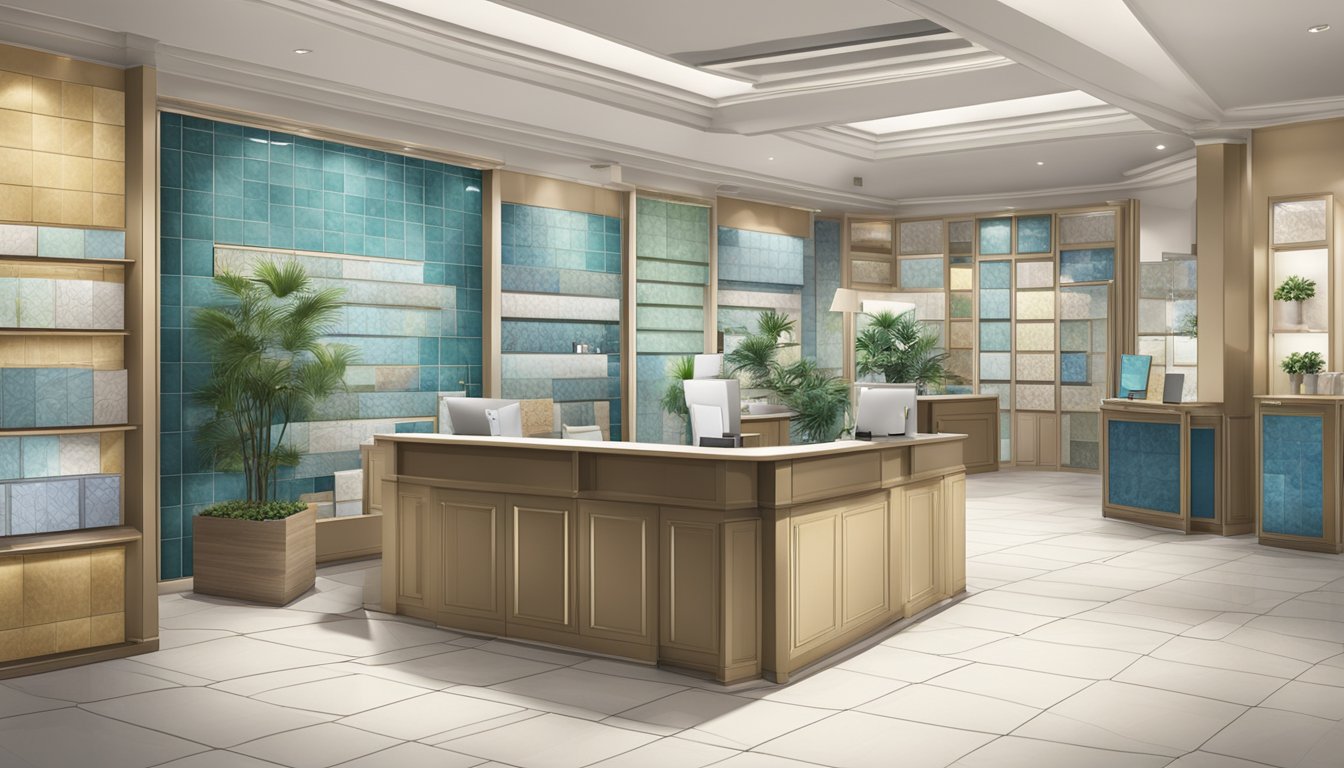A tile showroom in Singapore, with various tile displays and a customer service desk for frequently asked questions